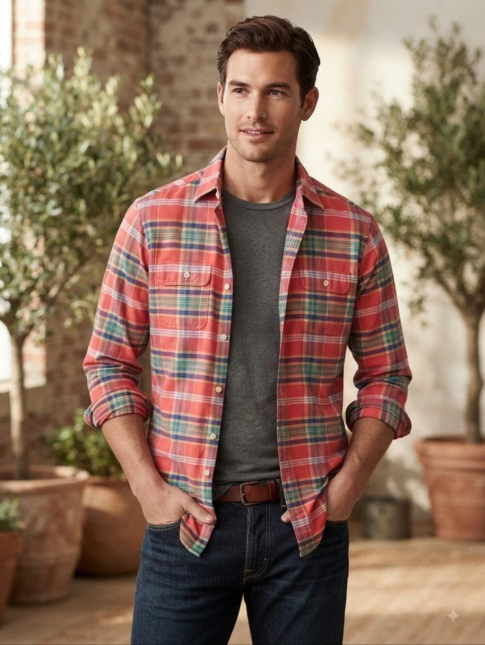 Polo Ralph Lauren Plaid Salmon Button Front 100% Cotton Men's Size Medium